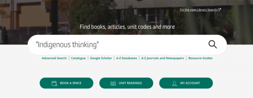 Screenshot of library search with the phrase "Indigenous thinking" in the search bar