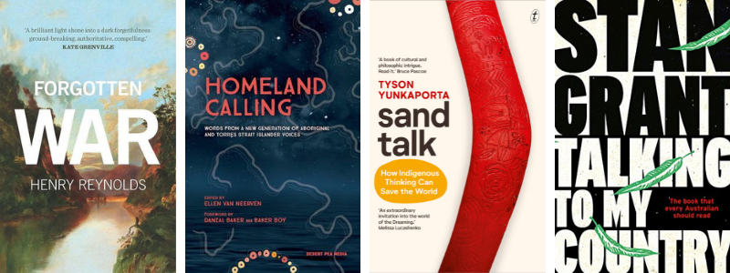 Book covers for Forgotten War, Homeland Caling, Sand Talk and Talking to My Country