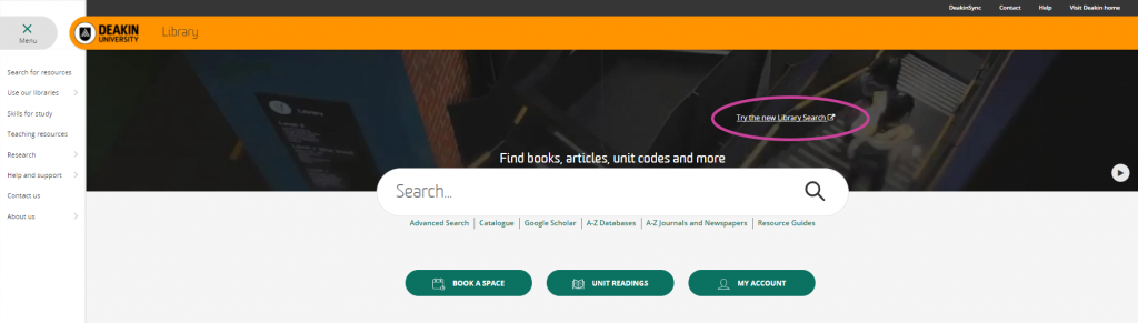 Screenshot of library website including search bar and menus. The link which says 'Try the new search' is circled 