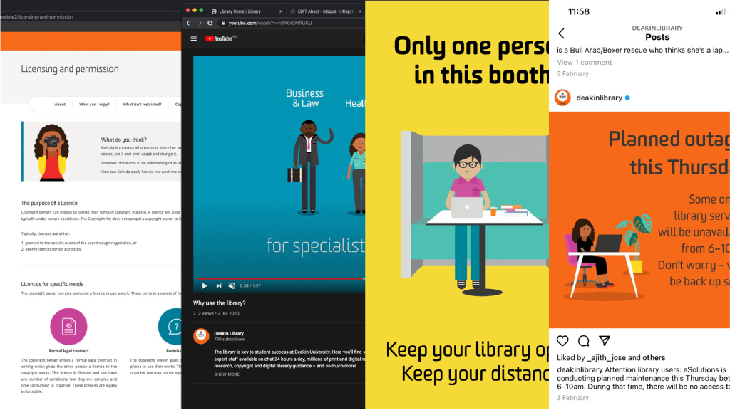 Examples of where the illustrated characters have been used, including on the library website, instruction videos, posters and social media tiles. 