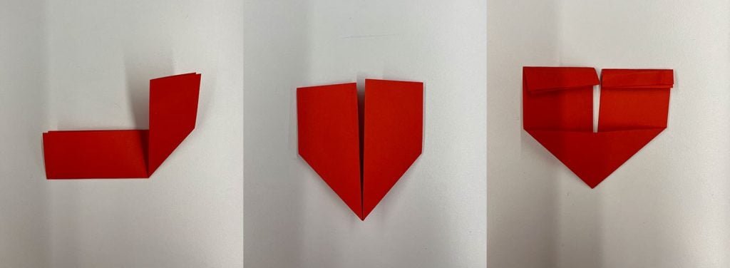 Three images depicting steps 4 to 6. The first shows the paper folded along the centre with the left side horizontal and the right now vertical. The second shows the left side also folded to be vertical, in a sort of v shape. The third shows the other side of the folded paper, with the top edges folded downward. 