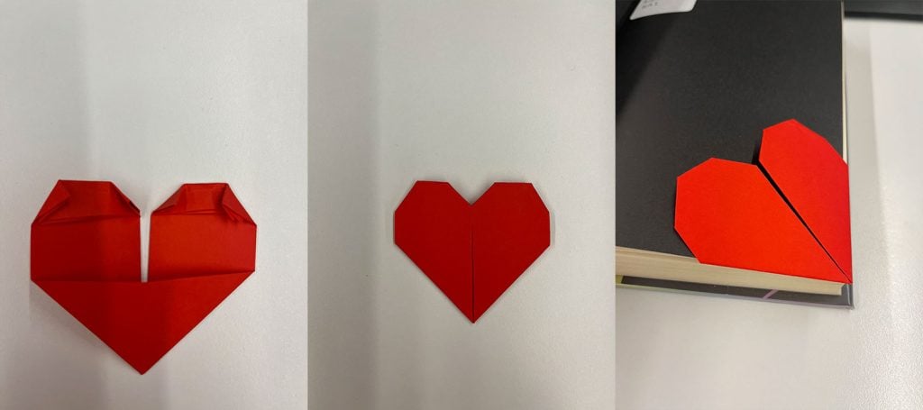 Three images showing the final steps. The first shows the four top corners of the paper folded in to create the curve of the heart. The second shows the completed bookmark and the third shows the bookmark in use on a page.  