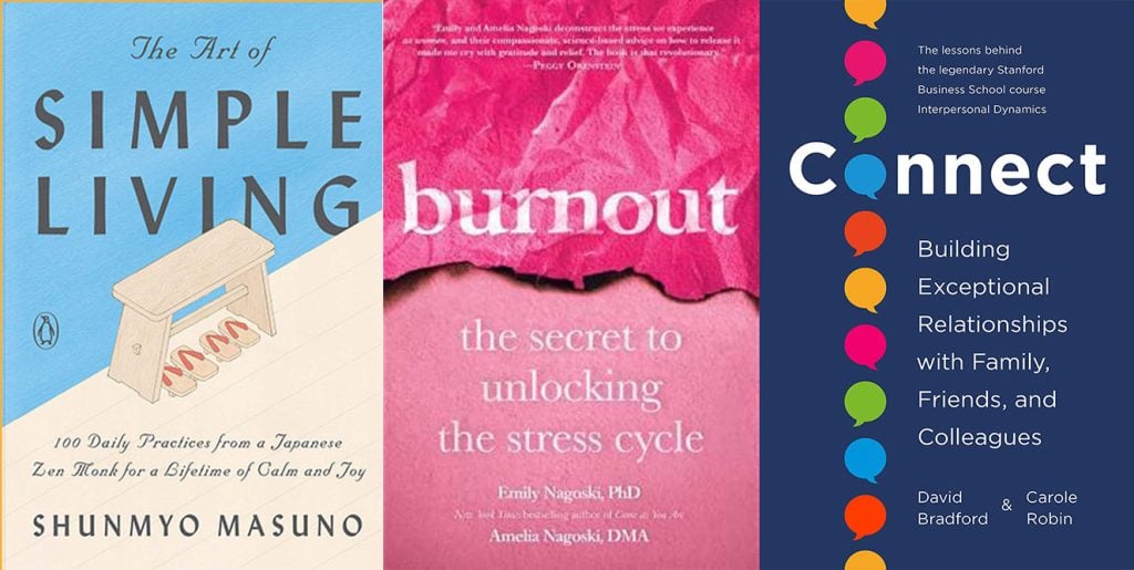 Three book covers – Zen: The art of simple living, Burnout and Connect