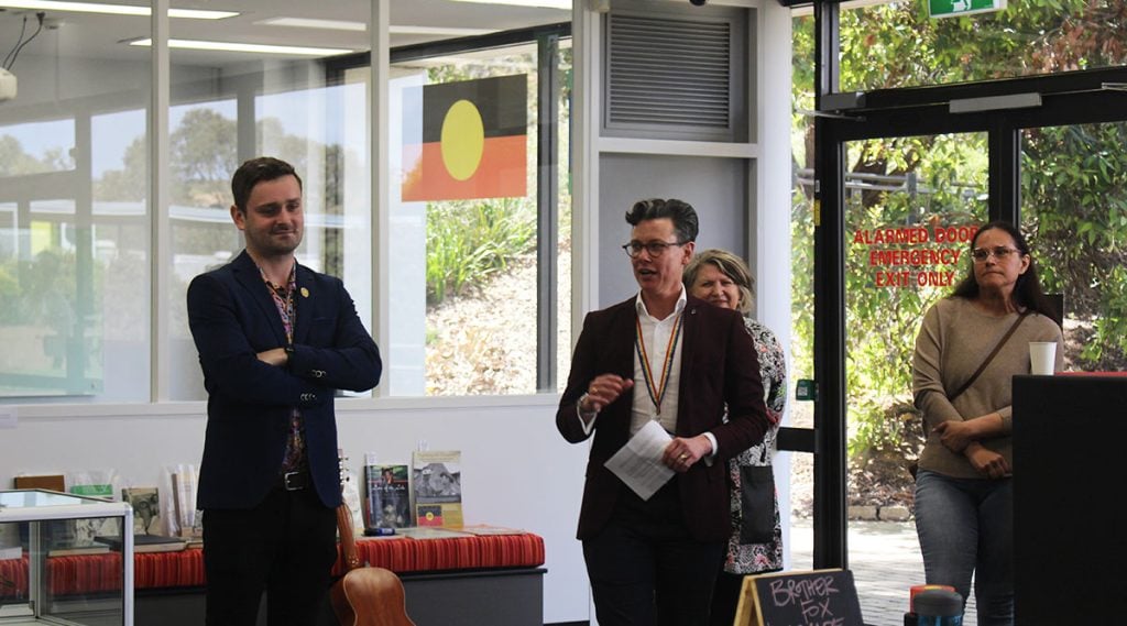 University Librarian Hero McDonald speaks during the launch event, alongside Gunditjmara man and Deakin's Manager of Indigenous Inclusion Tom Molyneux. 