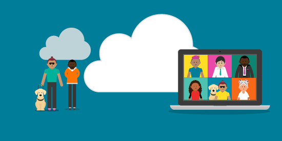 Graphic image depicting a laptop, clouds and two figures