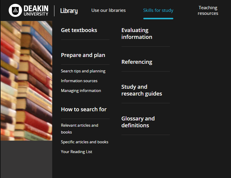 Screenshot of the library website with the Skills for Study menu open, showing the 'Get textbooks' menu item. 