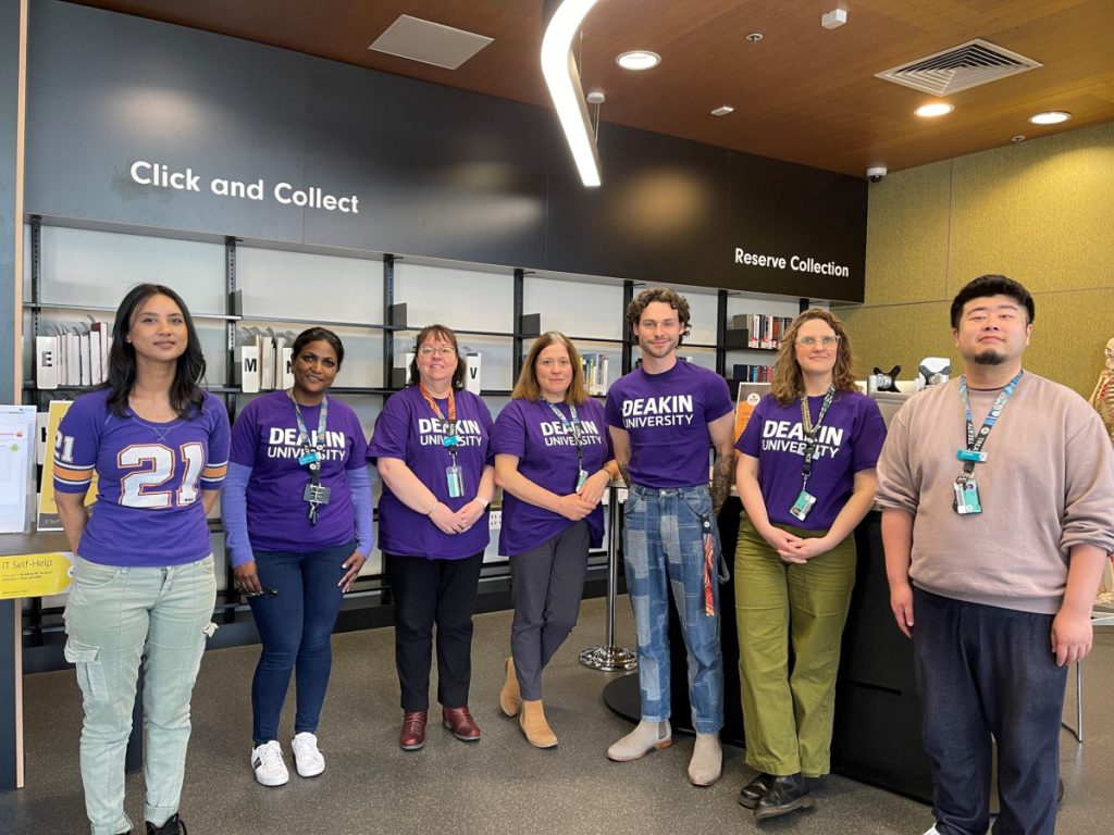 Deakin Burwood Campus Library staff in purple for Wear It Purple Day. 