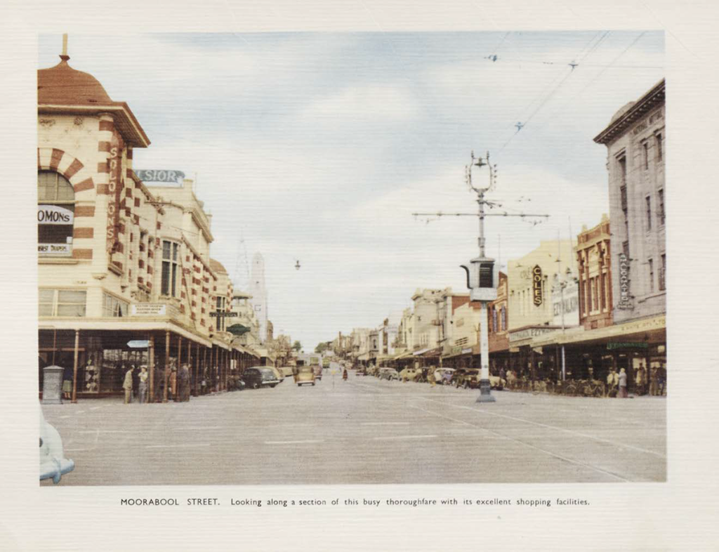 Postcard image of Moorabool Street in Geelong from the pamphlet Geelong, a city of beauty and progress in Deakin's Special Collections. 
