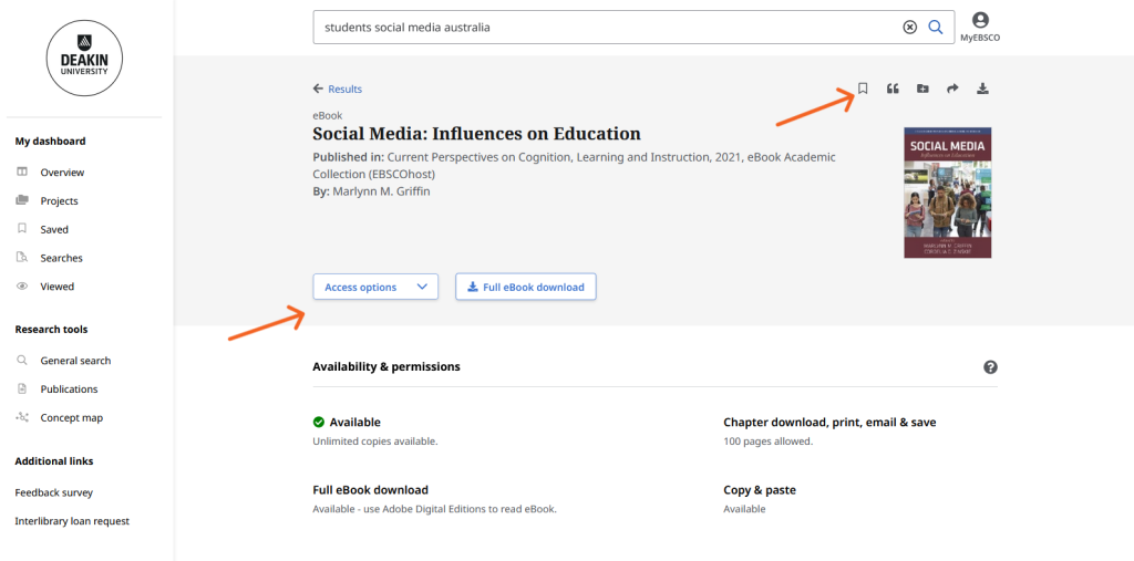 Screenshot of a webpage with a library resource titled 'Social Media: Influences on Education' opened up. Orange arrows point at several icons that allow you to save, cite, add to project, share or download the resource. Another orange arrow points at the 'Access options' dropdown menu.