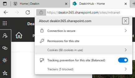 screenshot of the Edge browser, showing where the Cookies menu option is