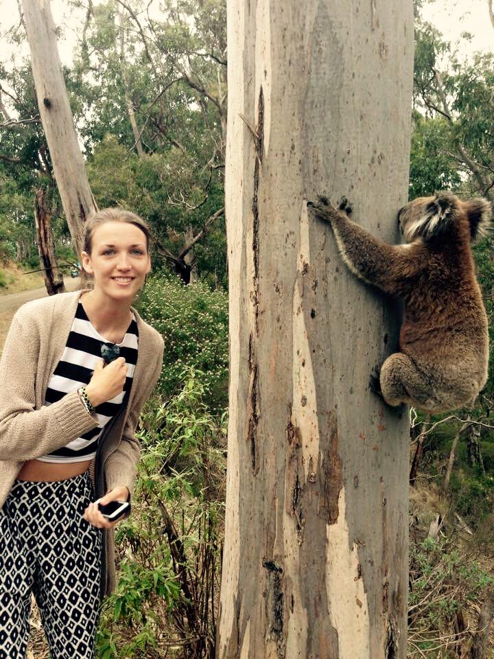 Maria poses with a koala along the Great Ocean Road