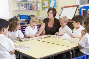 Students reading with teacher