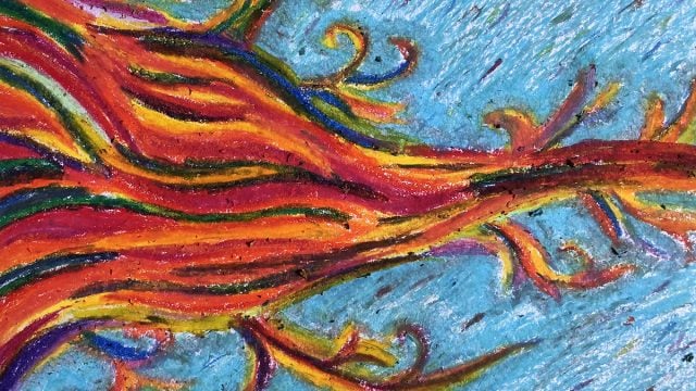 An artwork with swirls of red, orange and yellow over a light blue background. Dynamic Chaos by Meghen Daniels