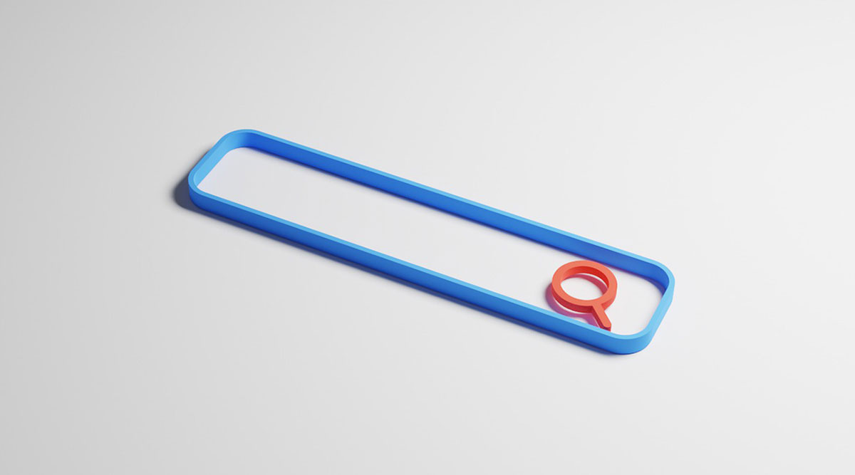 Graphic of a 3D search bar and magnifying glass