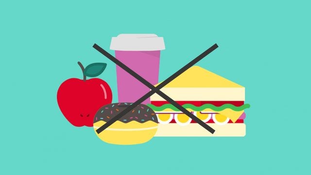 Cartoon image of four foods placed together – a coffee cup, apple, donut and sandwich, with a large X over the top.