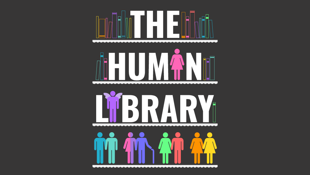 Logo for The Human Library. Features the event name stacked on three shelves, above a shelf with several coloured person symbols