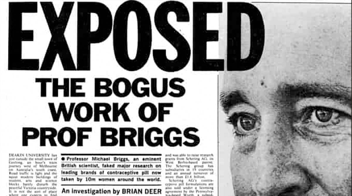 Snippet of an old newspaper headline that reads, 'Exposed: the bogus work of professor briggs'