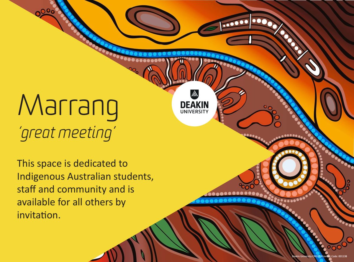 Yellow triangle with text over an Indigenous Australian artwork. Text on image reads, 'Marrang, 'great meeting'. This space is dedicated to Indigenous Australian students, staff and community and is available for all others by invitation'.