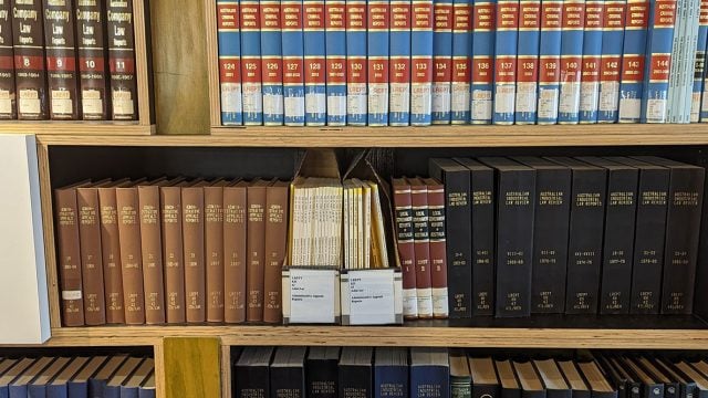 Bookshelves lined with law books