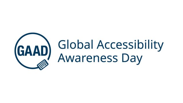 Text that says Global Accessibility Awareness Day alongside the event logo, letters GAAD enclosed in a circle with an icon of a keyboard. Blue text against a white background.