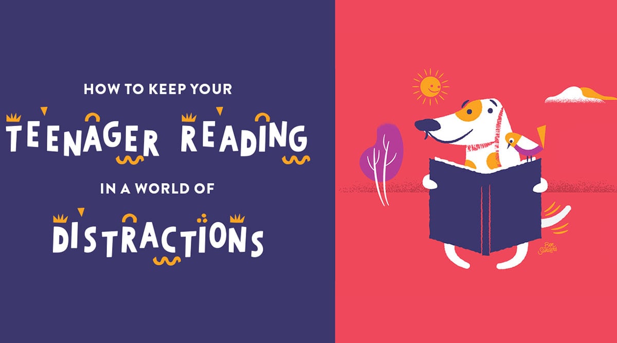 Banner promoting the Reading Hour event 'How to keep your teenager reading in a world of distractions'. Alongside the text is a cartoon of a dog reading a book