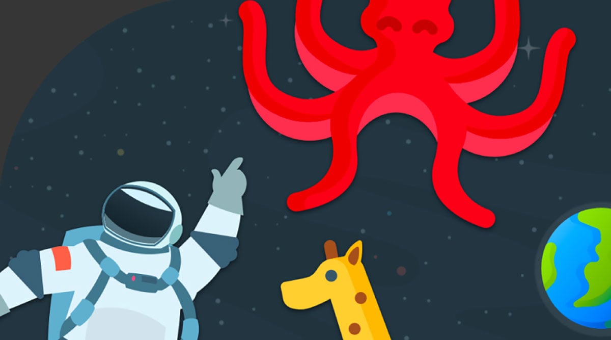 Graphic image of an astronaut, octopus, giraffe and planet floating in space. Artwork by Erin Cheffers