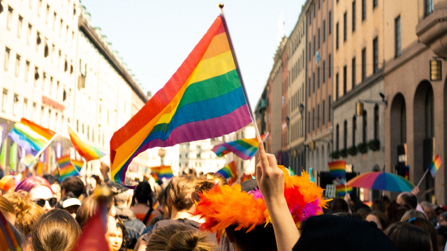 Image of a pride march with a pride flag held up at the centre. Photo by William Fonteneau on Unsplash