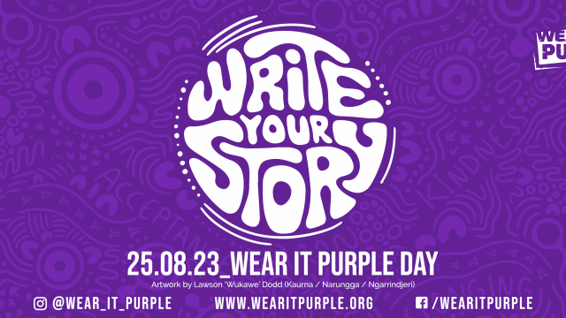 2023 Wear It Purple Day Banner with the text 'Write Your Story' at the centre