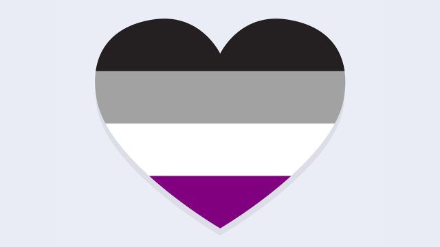 Illustration of the asexuality flag (black, gray, white and purple stripes) formed in the shape of a heart.