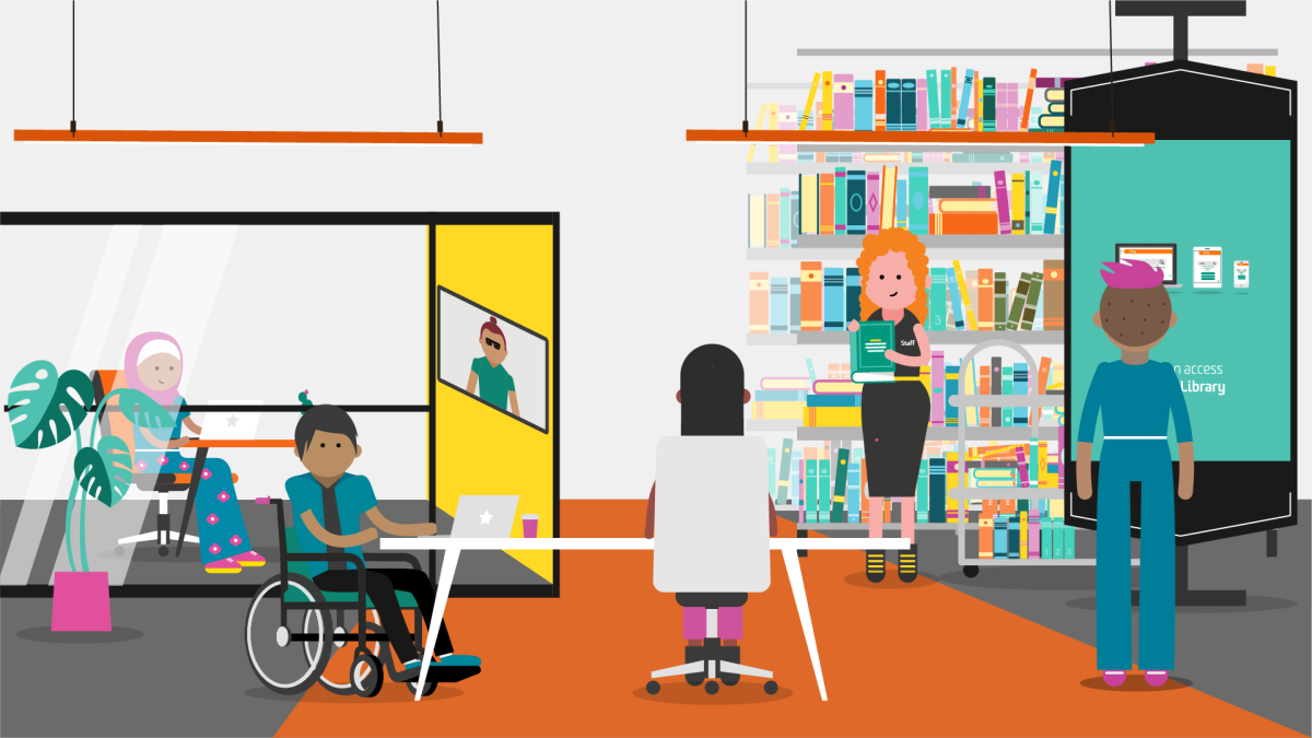 Illustration of several people using the library. A person using a wheelchair is at a table, along with another person whose back is to the viewer. Someone else is looking at a digital sign, while a library staff member holds up a book next to a full bookshelf in the background. A hijabi woman is inside a study room, watching a lecture on the screen.
