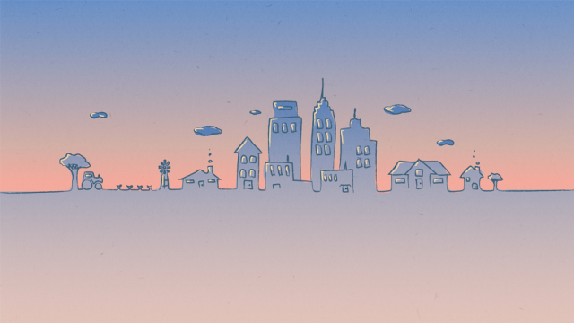 Illustration of a cityscape with pastel colours of blue, pink, purple and orange