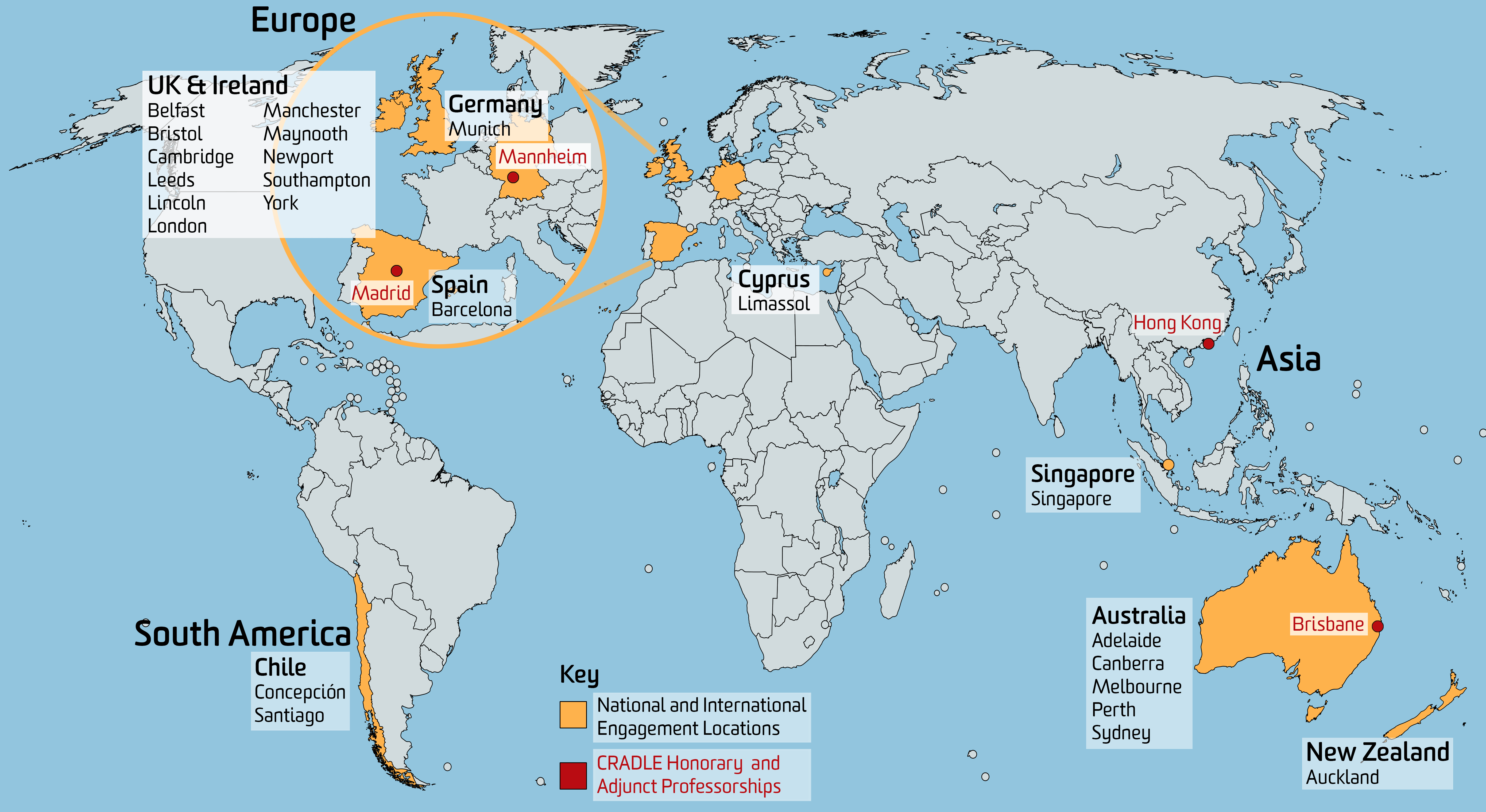 CRADLE World Map showing international research locations for 2015-2016