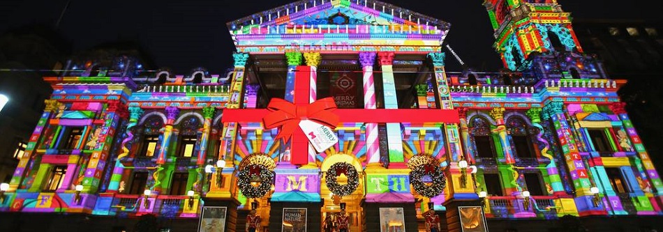 Christmas light projections at the Melbourne Town hall
