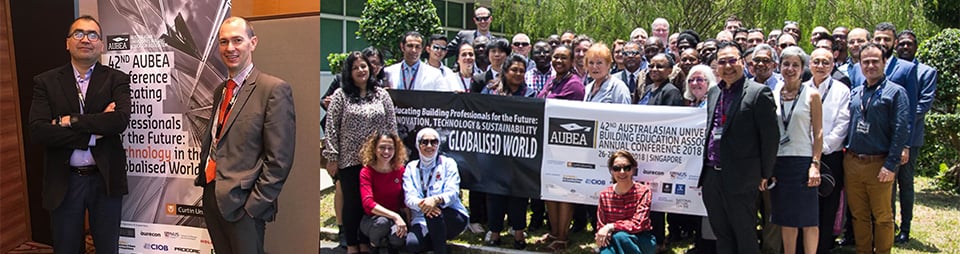Composite image: on left, Dr M. Reza Hosseini and Prof. Josua Pienaar pose in front of an AUBEA banner; on the right, a large group of AUBEA delegates pose around an AUBEA banner.