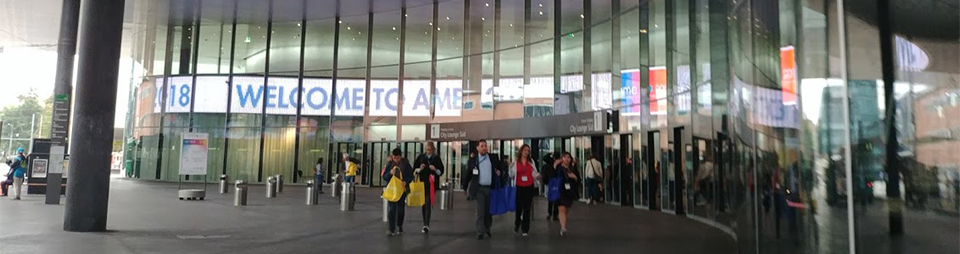 Photo of the exterior of the AMEE conference centre. A group of delegates are walking towards the camera.