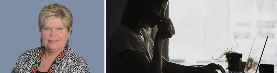Composite image: portrait photograph of A/Prof. Wendy Sutherland-Smith to the left, and to the right a backlit image of a woman sipping from a mug while staring at a laptop screen, one hand resting on the trackpad