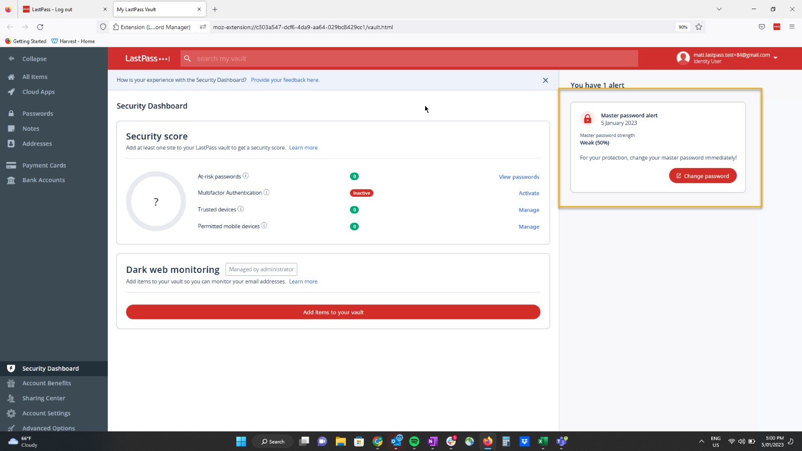 Screenshot of LastPass vault and selected Security Dashboard highlight security score and to the right a master password alert to change the password. 