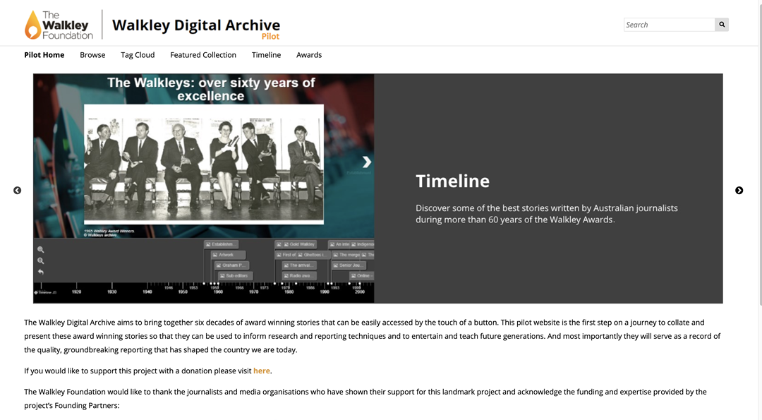 screen shot of website - Walkley Digital Archive Pilot