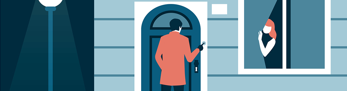 Graphical illustration of man knocking on door while woman looks out the window