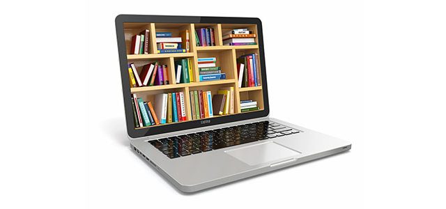 Laptop with bookshelves displayed on screen