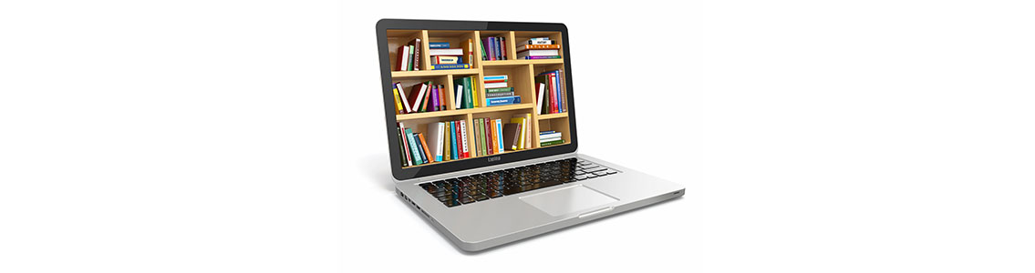 Laptop with bookshelves displayed on screen