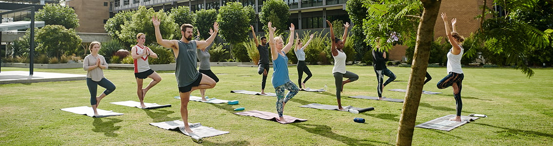 Deakin students doing yoga at Waurn Ponds Campus