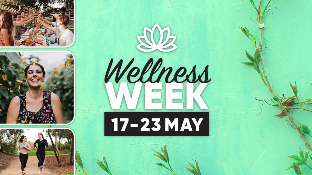 DUSA Wellness Week branding with composite imagery of people enjoying the outdoors
