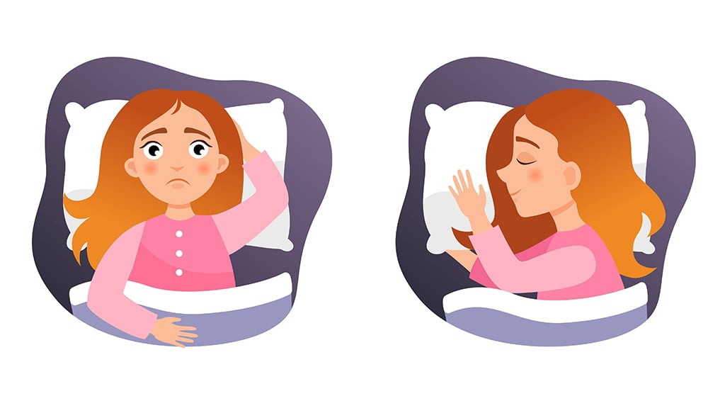 Illustration of female with insomnia and then asleep