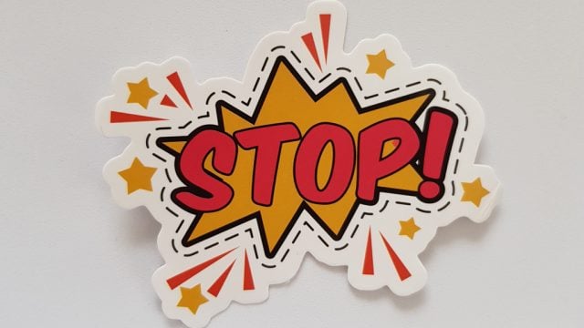 Cartoon cut-out of the word 'Stop!'