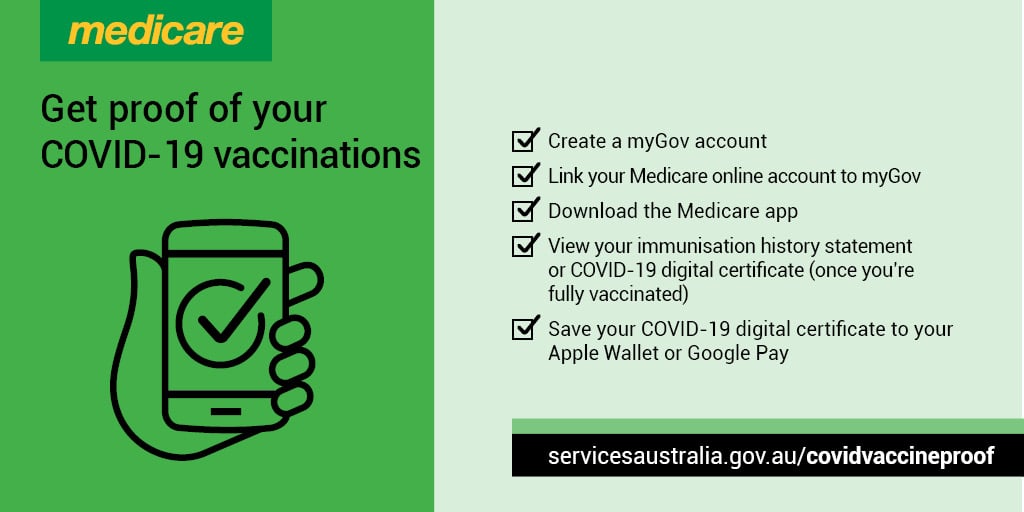 Get proof of your COVID vaccinations: Create a myGov account. Link your Medicare online account to myGov. Download the Medicare app. View your immunisation history statement or COVID-19 digital certificate (once you're fully vaccinated). Save your COVID-19 digital certificate to your Apple Wallet or Google Play. servicesaustralia.gov.au/covidvaccineproof