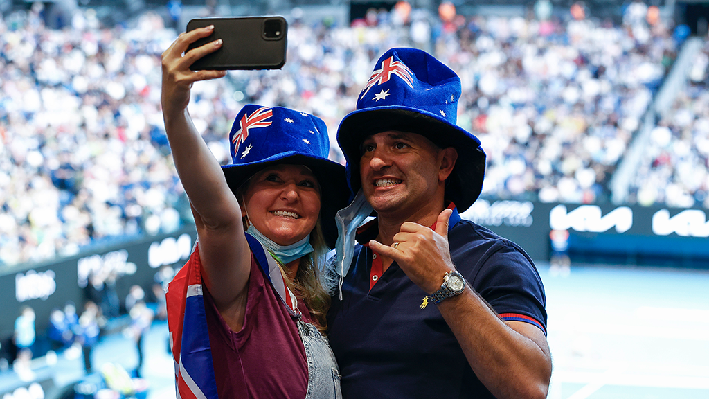 Two spectators taking a selfing at the 2022 Australian Open.