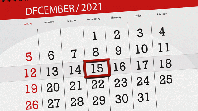2021 calendar showing highlighted date of 15 December