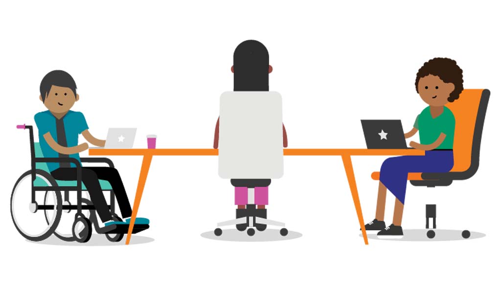 Graphic of three students wit various accessibility needs sitting around a table studying
