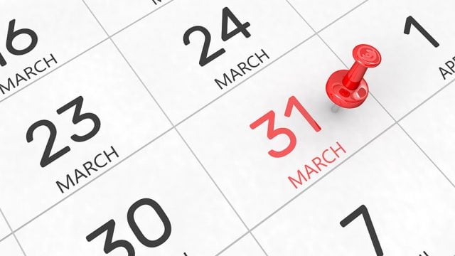 Cropped shot of calendar with 31 March highlighted